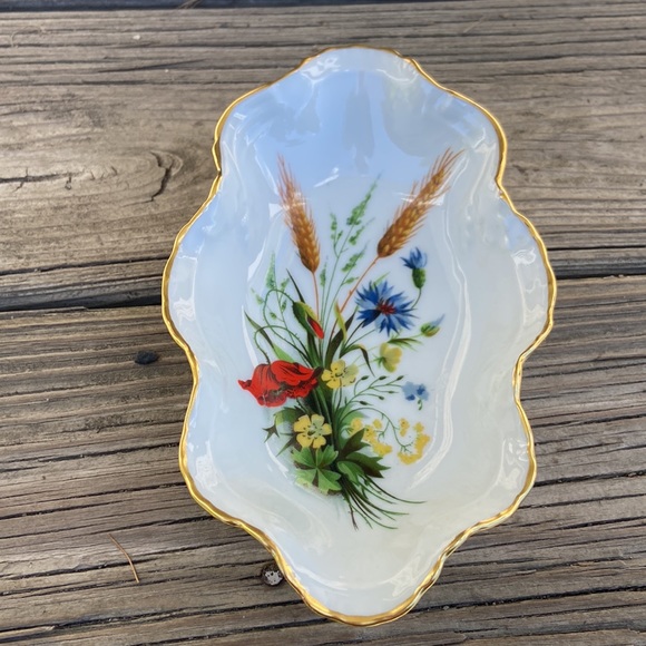 LEC Limoges France Wheat and Flowers Pattern Gold Scalloped Edge Dish - Picture 4 of 6